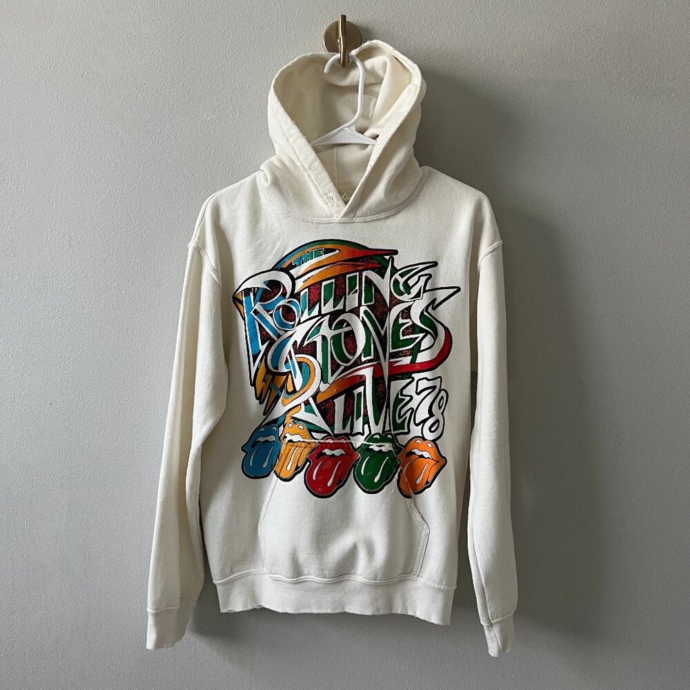 MadeWorn Rolling Stones Live '78 Distressed Hoodie Sweatshirt XS White/Cream